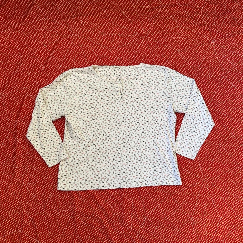 Vintage 90s Floral Henley Long Sleeve Top White Pink Ditsy Print Twee Coquette